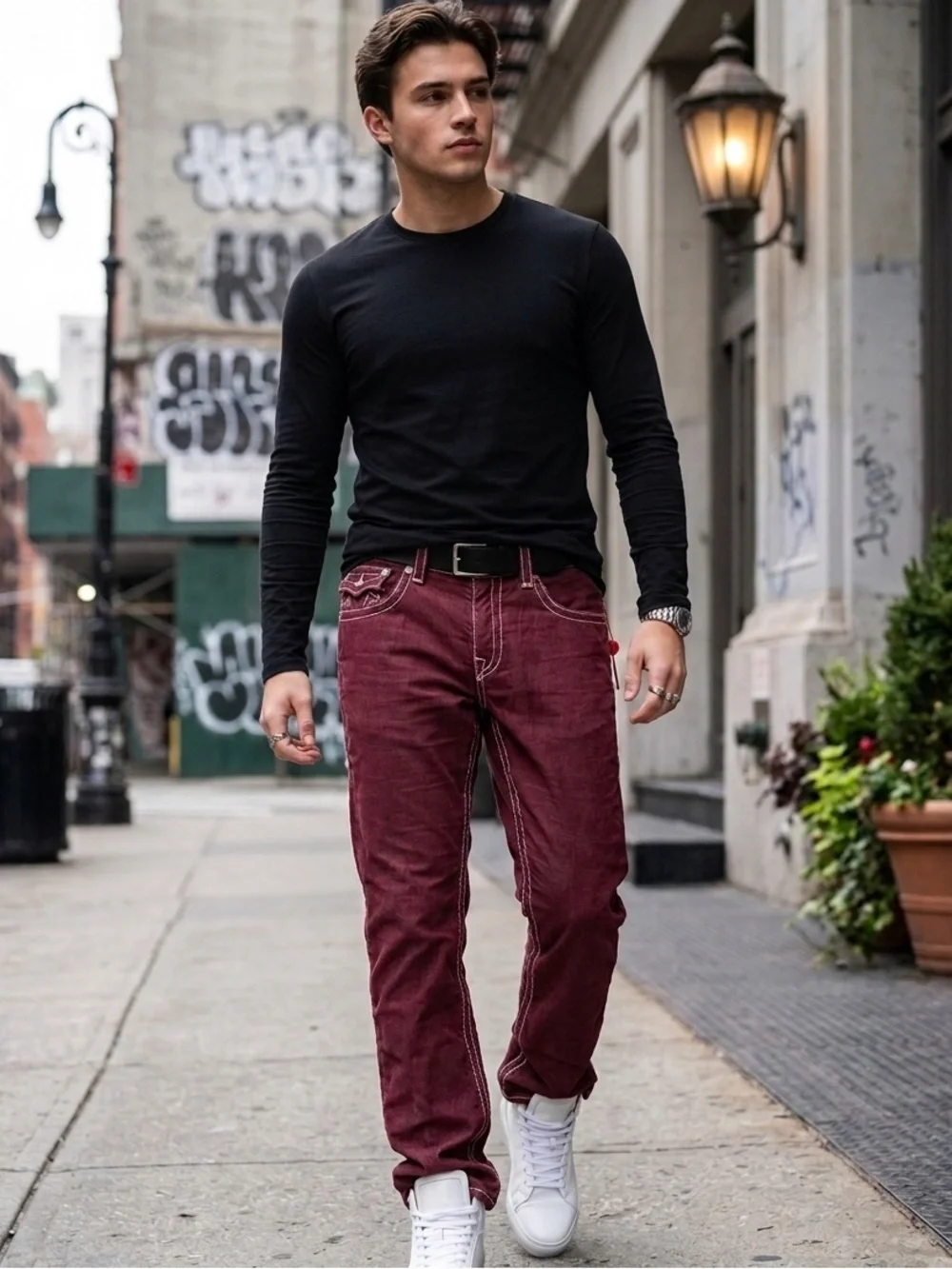 NWT True Religion Section Straight Corduroy Burgundy Super T Contrast Stitch 38